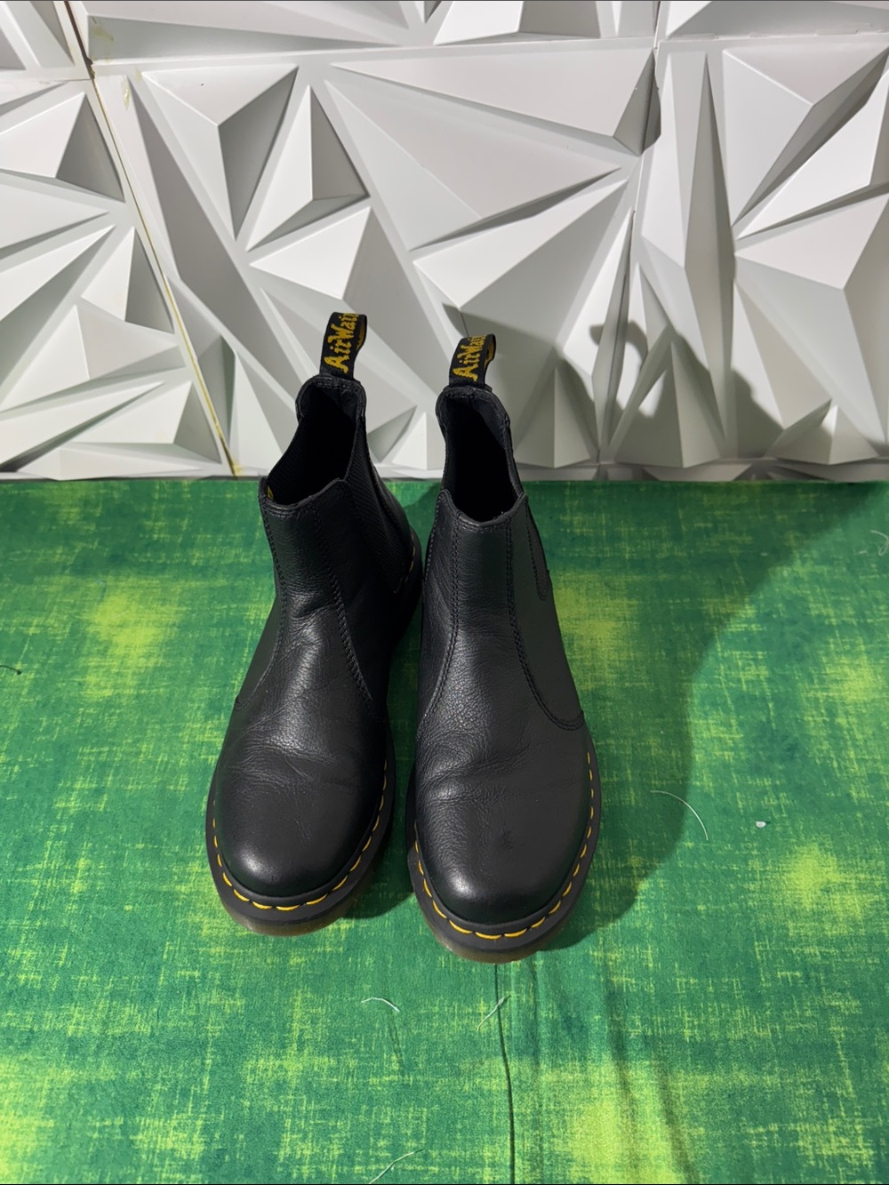 Dr. Martens Black Leather Chelsea Boots with Yellow Stitching and Heel Loop